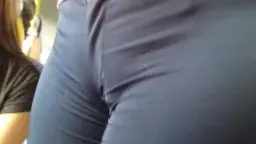 Nahaufnahme Camel Toe in grauer Leggings, Bus-Sitzreihe.